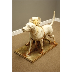  Life sized weathered cast iron figure of two labradors on rectangular plinth, one standing and one sitting, H82cm, W94cm  