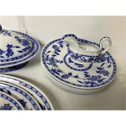 Mintons Delft blue and white dinner wares, to include three graduating oval platters, six dinner plates, six dessert plates and six side plates, tureen with cover and two sauce boats