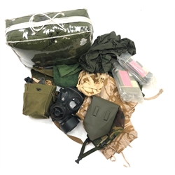  Collection of post-1950 British Army equipment incl.  No.4 MK.2 Gas mask in case, Avon Gas mask, Entrenching Tool in case, Unopened NBC No.1 MK2 Protective Smock and Trousers, Terry Cotton towel, Combat Tropical Desert trousers and Helmet cover, Bergen cover and kit bag, qty   