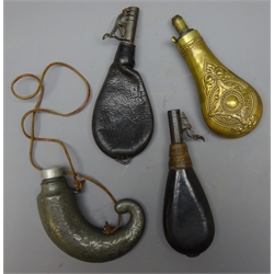  Leather shot flask the dispenser stamped Sykes, another, a brass powder flask and a pewter rams horn shaped powder flask, H21cm max (4)  