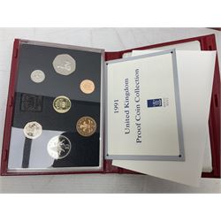 Nine The Royal Mint United Kingdom proof coin collections, dated two 1985, two 1986, 1987, 1988, 1989, 1990 and 1991, all in red cases with certificates