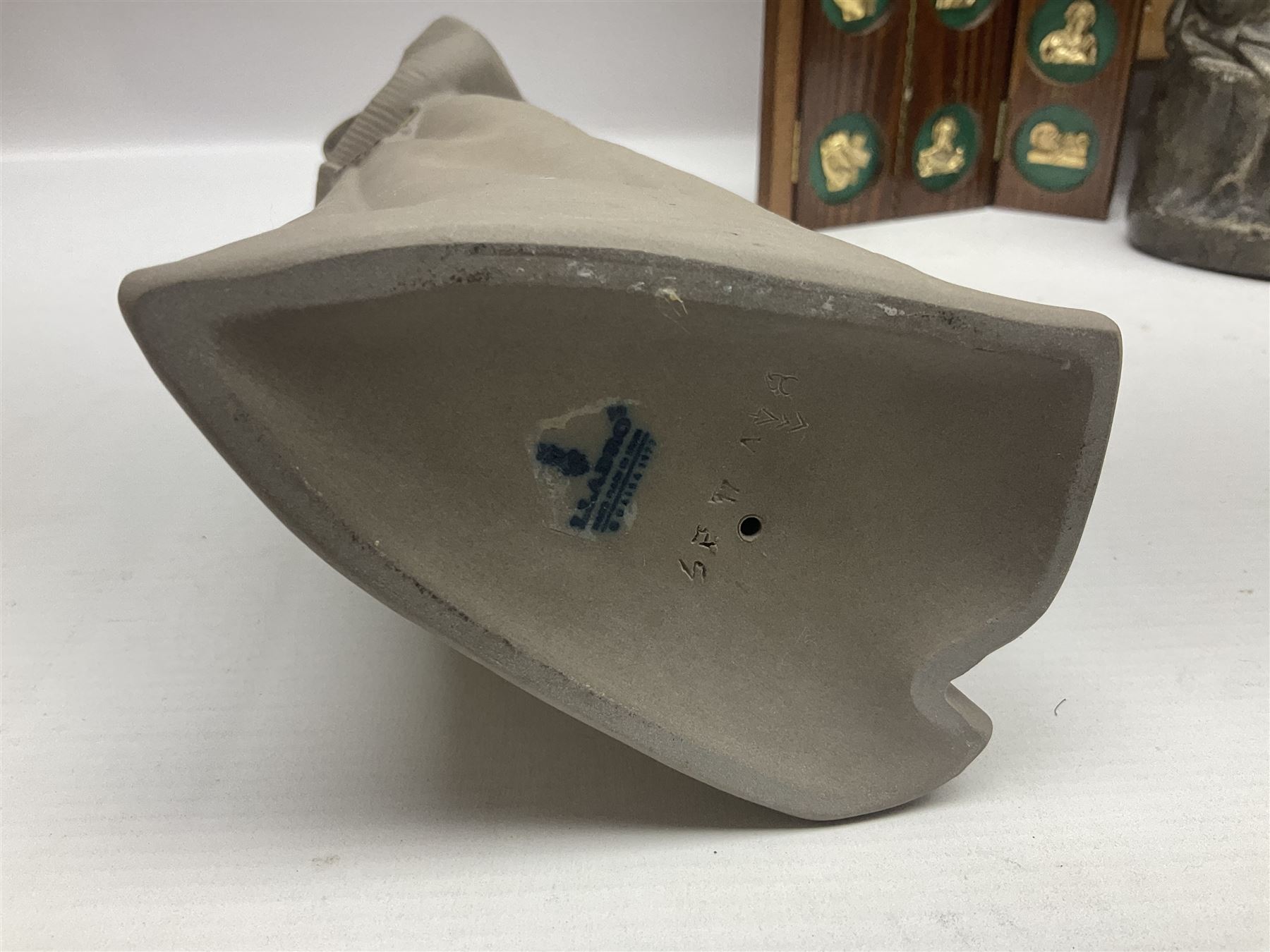 Franklin Mint House of Faberge 'The Nativity' ceramic egg, together with a Russian doll decorated with nativity scenes, Cinque Ports Pottery monk salt and pepper shaker and other monk figures, etc