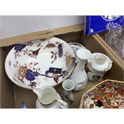 Large Coalport bowl in Hong Kong pattern, together with Coalport mask-head jug, Baccarat glass vase, and other glassware and ceramics, in three boxes 
