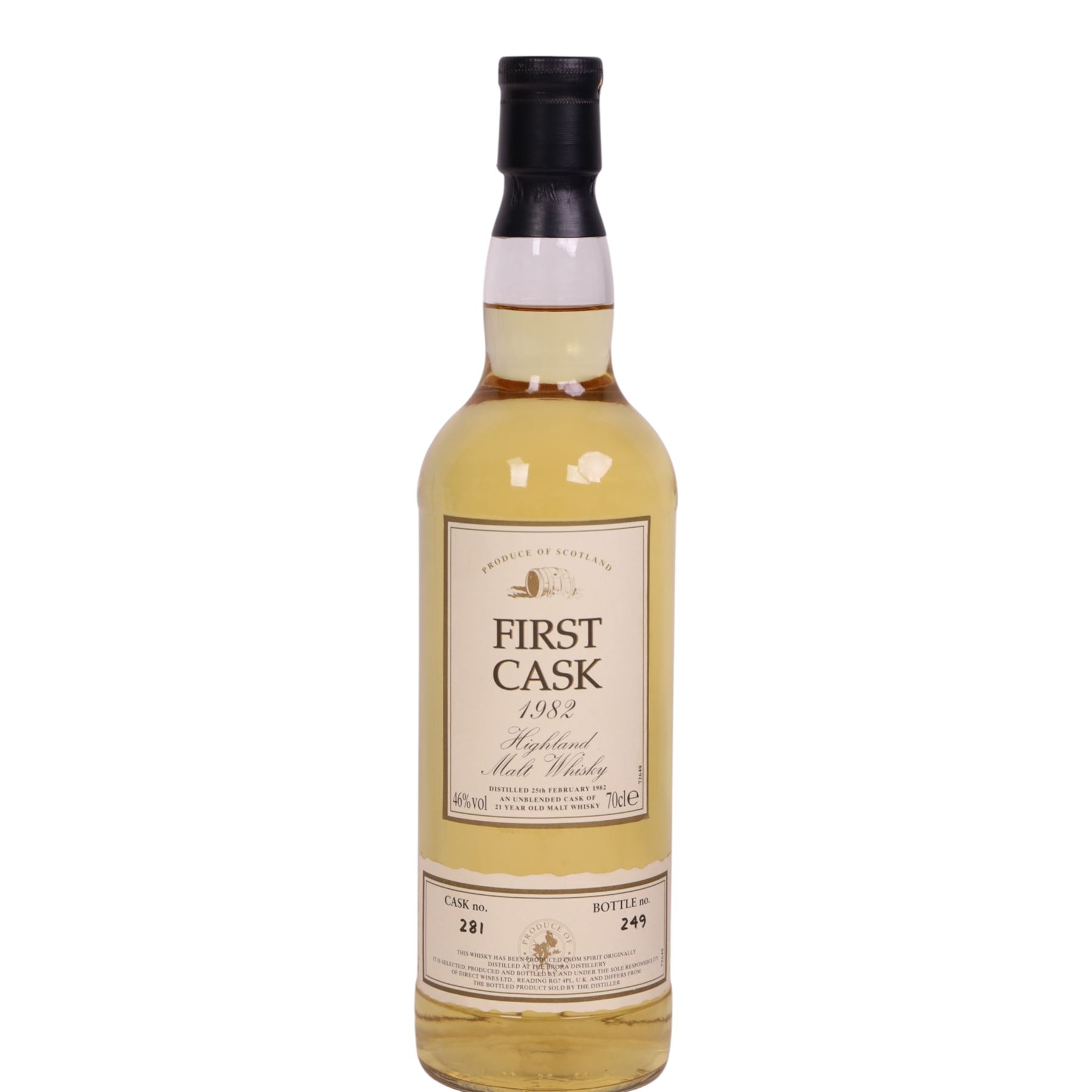Brora, 21 year old Highland malt whisky, 70cl 46% vol,  First Cask; distilled 25th February 1982, bottled January 2003, from cask number 281, bottle number 249, with certificate 