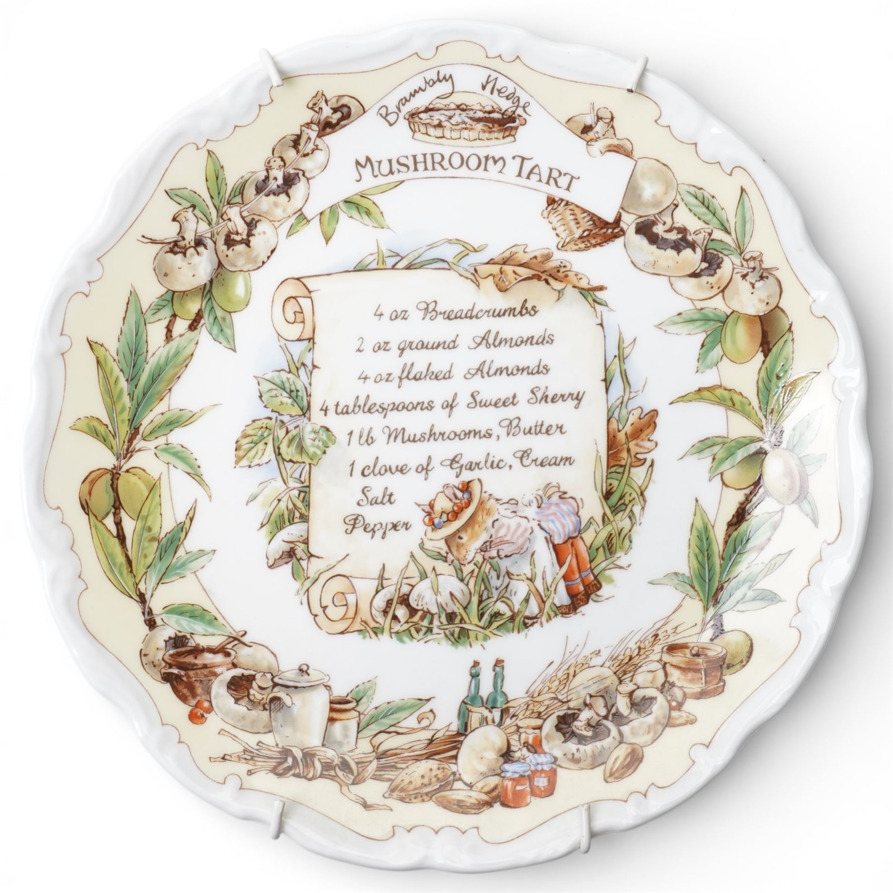 Eight Royal Doulton Brambly Hedge plates from the The Recipe Plate Collection, comprising 'Nettle Soup', 'Strawberry Shortcake', 'Mushroom Tart', 'Apple Pie', 'Elderflower Wine', 'Crystallized Violets', 'Blackberry Sorbet' and 'Honey & Nut Biscuits' (8)