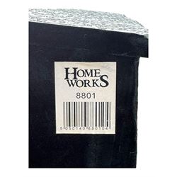 Contemporary black lacquered metal-clad chest, embossed with silver floral scrollwork, shaped rectangular top over three drawers, on cabriole supports (W89cm, D40cm, H79cm); matching two drawer chest (W68cm, D35cm, H67cm)