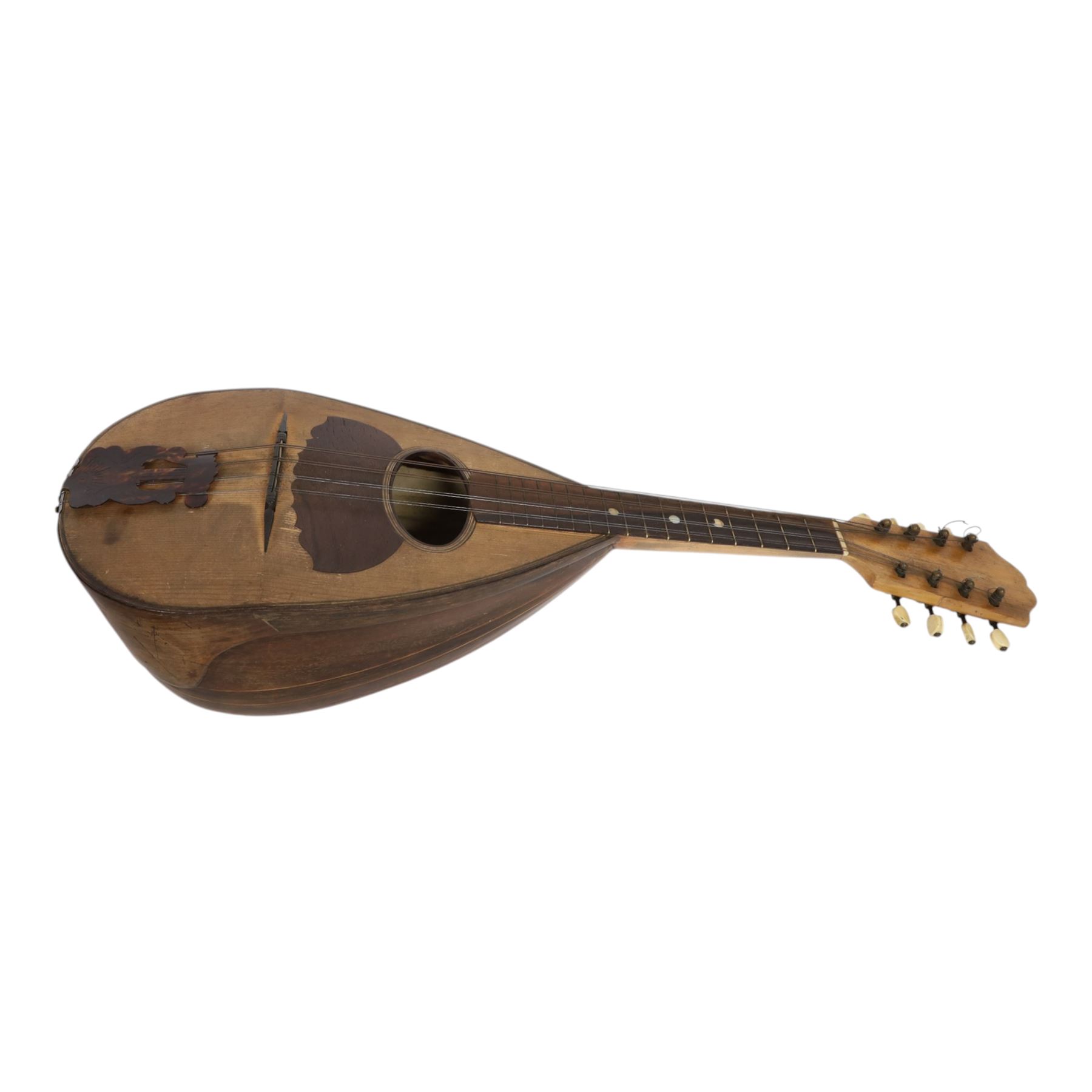 Early 20th century Italian bowl back mandolin, with bone tuners and faux tortoiseshell tailpiece, in hard carry case
