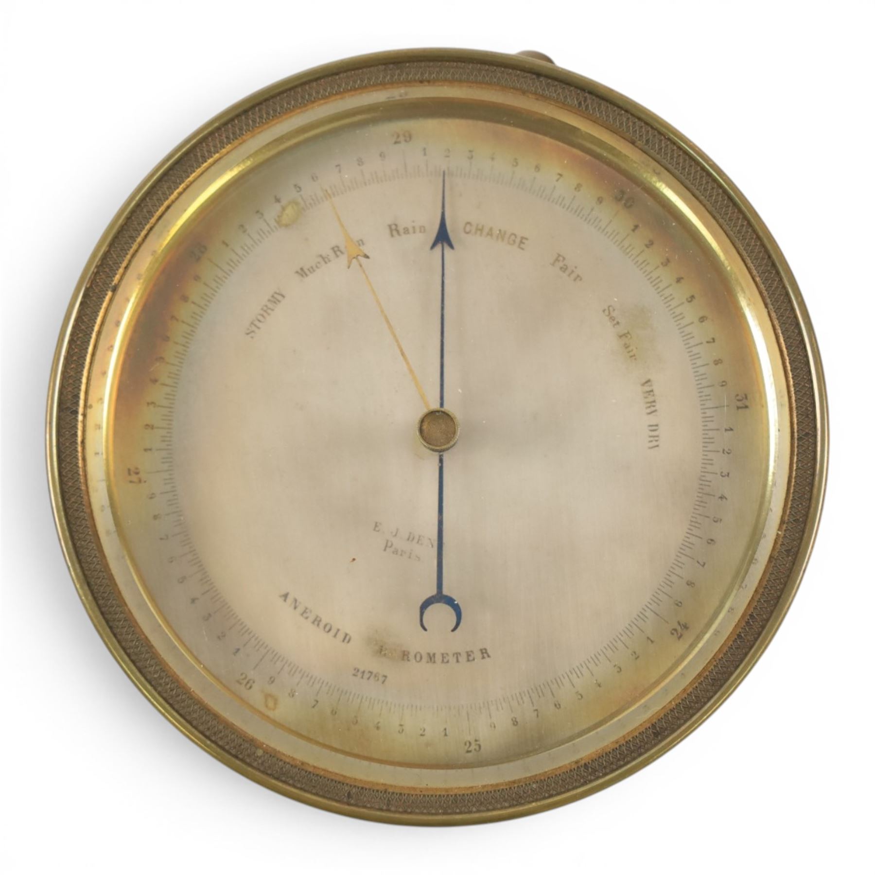19th century brass drum-cased aneroid barometer, with silvered dial, D12cm 