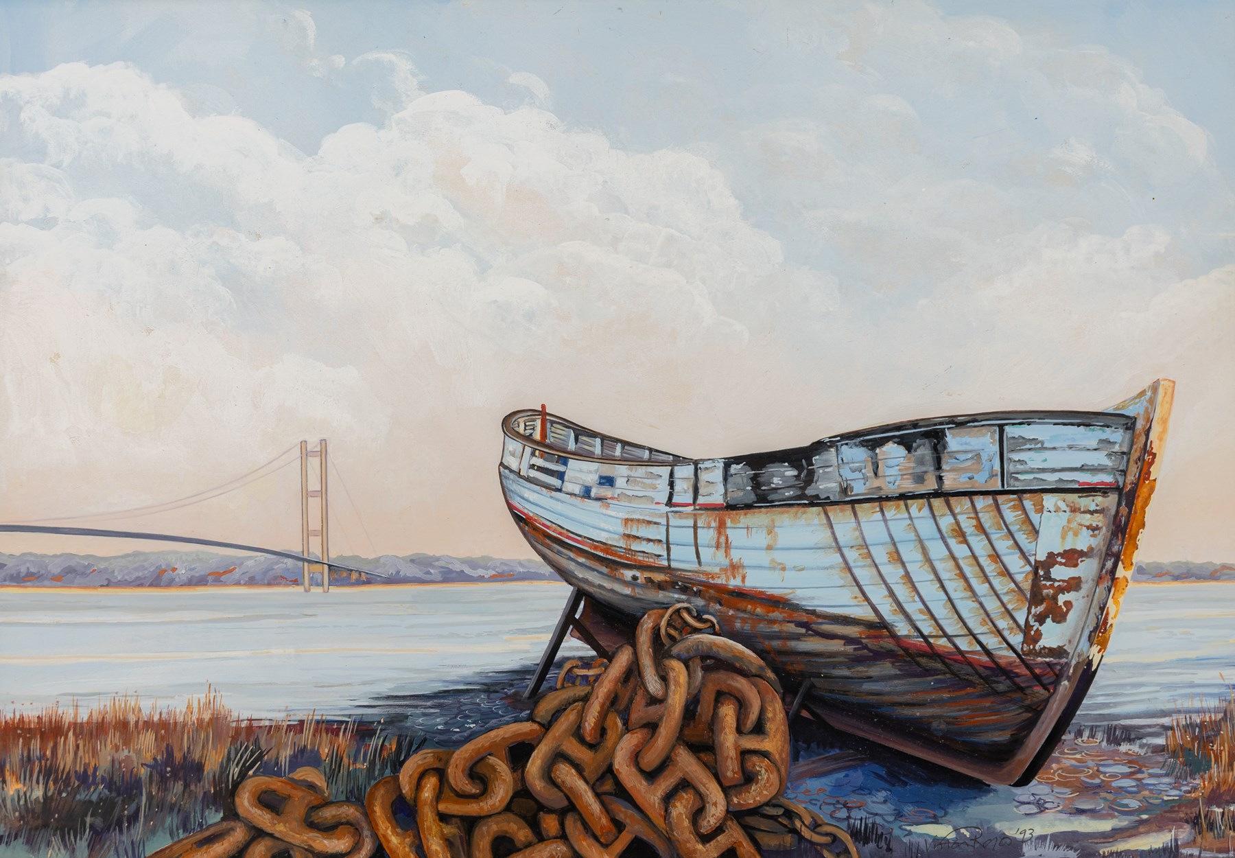 E Mace (British 20th century): Skipton Town Square, oil on board signed and dated 1974, 39.5cm x 49.5cm; Vivien R* (British 20th century): The Humber Estuary, gouache indistinctly signed and dated '93, 24cm x 34.5cm (2)