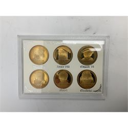 Seven cased sets of six 'British Monarchs' series medallions