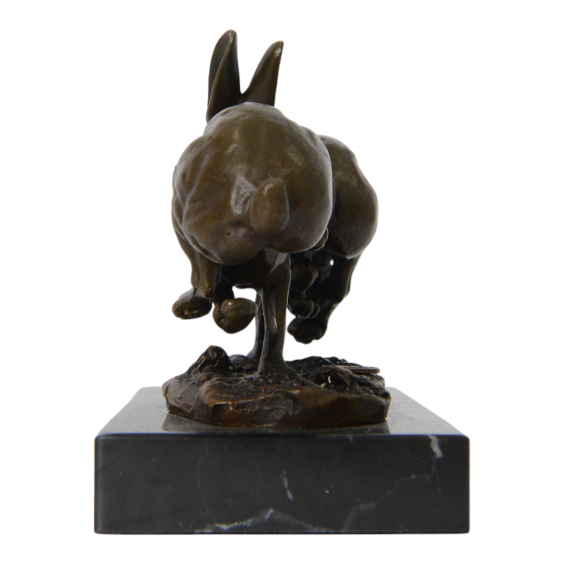 Bronze figure group, modelled as two hares in chase, signed Nick, with foundry mark, upon a rectangular base, H11cm L15cm