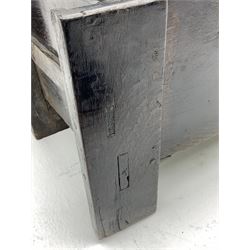 17th century vernacular oak boarded and joined clamp-front coffer or ark chest, enclosed by hinge lid, vertical stile supports