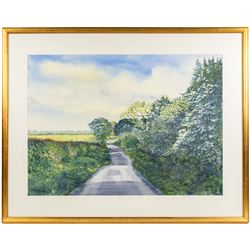 English School (20th century): Ouse Bridge at Dusk, watercolour possibly signed below the mount 51cm x 71cm; Glen Marshall (British Contemporary): A Yorkshire Countryside Path, watercolour signed 51cm x 71cm, in matching gilt frames (2)
