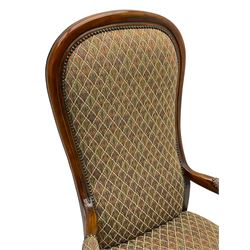 Stained beech framed open armchair, upholstered in foliate pattern fabric, on cabriole front supports