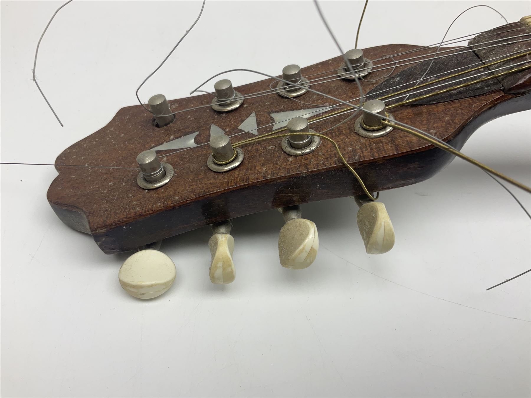 Italian bouzouki type long necked mandolin with segmented lute back and spruce top with tortoiseshell style panels; bears label 'Miroglio & Figli Sicilia Catania Italia' L99cm; and Italian lute back mandolin with segmented back and spruce top bearing label for F. De Mureda Napoli (2)