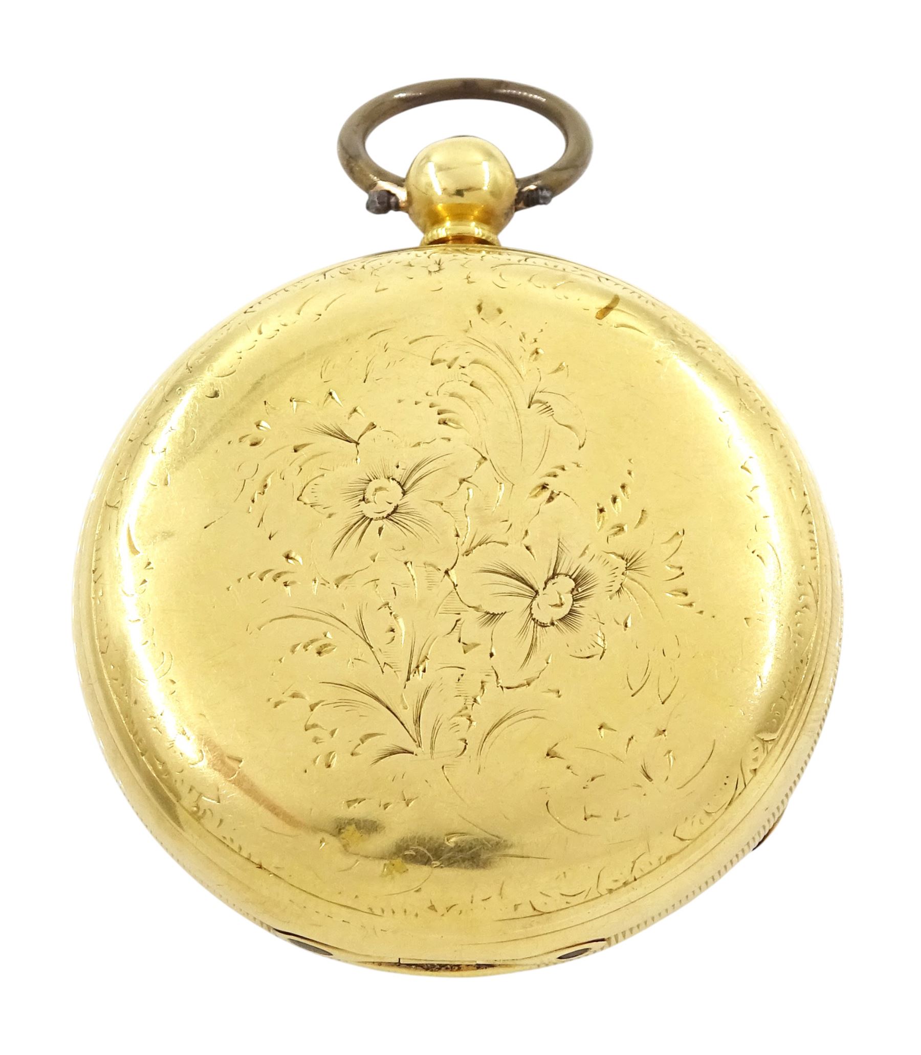 Victorian 18ct gold open face, fusee lever pocket watch, No. 12899, gilt dial with Roman numeral hour markers, engraved balance cock with diamond endstone, case with engraved foliate decoration, makers mark HS (probably Henry Stuart), Chester 1854