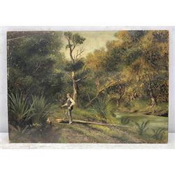 D D (19th/20th century): 'Welsh Moor', watercolour signed with initials titled and dated 1891, 34cm x 50cm; Nelson (19th century): The Woodcutter, oil on board signed 35cm x 51cm (unframed); 'Leatherhead Common', watercolour titled, unsigned 18cm x 26cm (3)