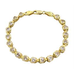 9ct gold cubic zirconia heart design link bracelet, hallmarked
