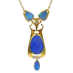  Murrle Bennett & Co Art Nouveau gold opal and seed pearl pendant necklace, stamped 15ct with makers marks  