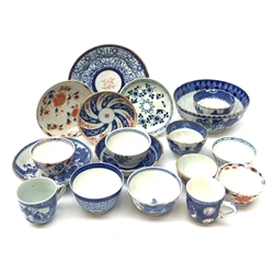 Collection of 18th century and later porcelain including a Queen Charlotte pattern tea bowl and saucer,  Royal Lily pattern tea plate,  blue and white slop bowl, Chinese blue and white tea bowls and cups etc (18)