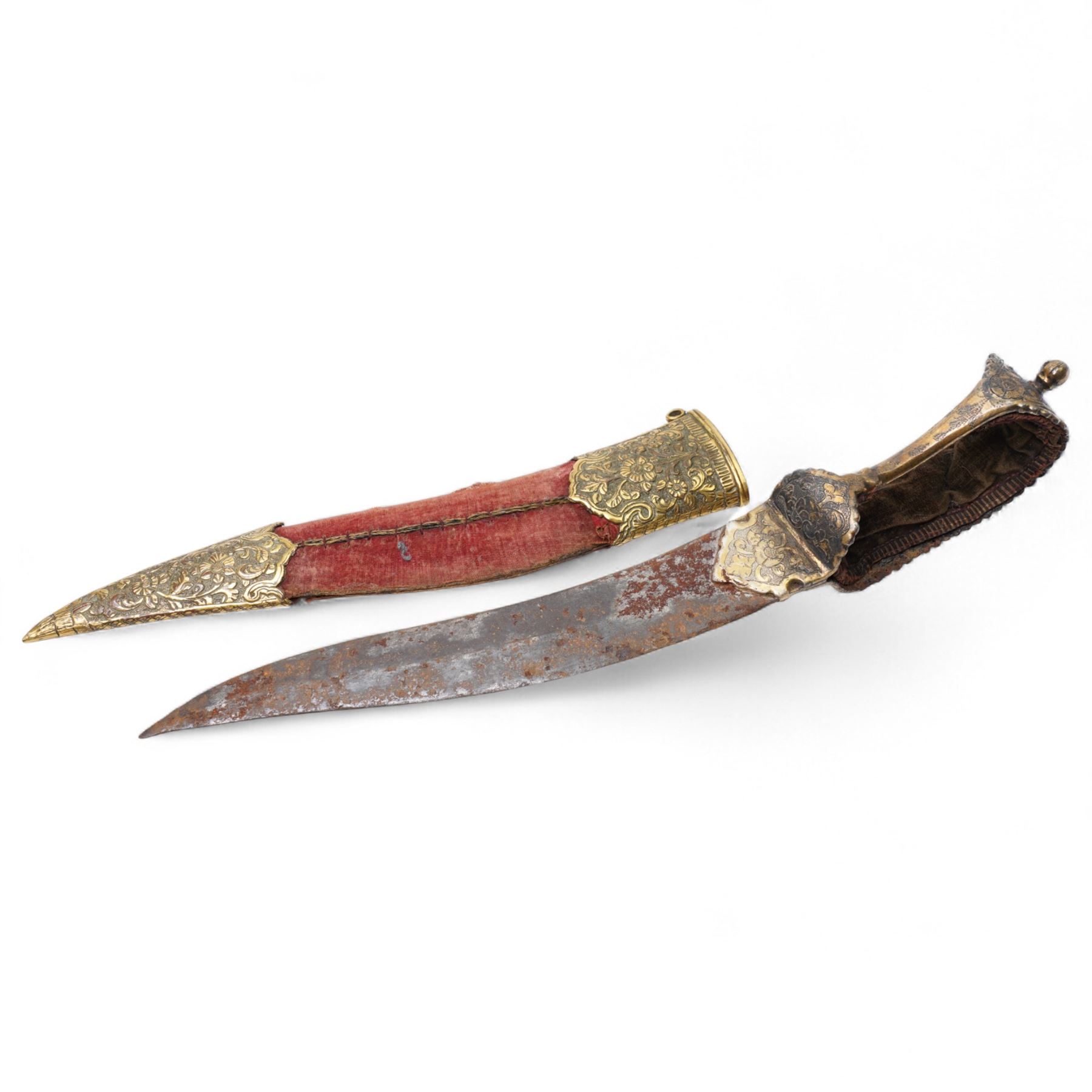 19th century South Indian  dagger (Bichwa) with curved blade, gilt floral damascened grip and gilt metal mounted sheath L36cm overall
