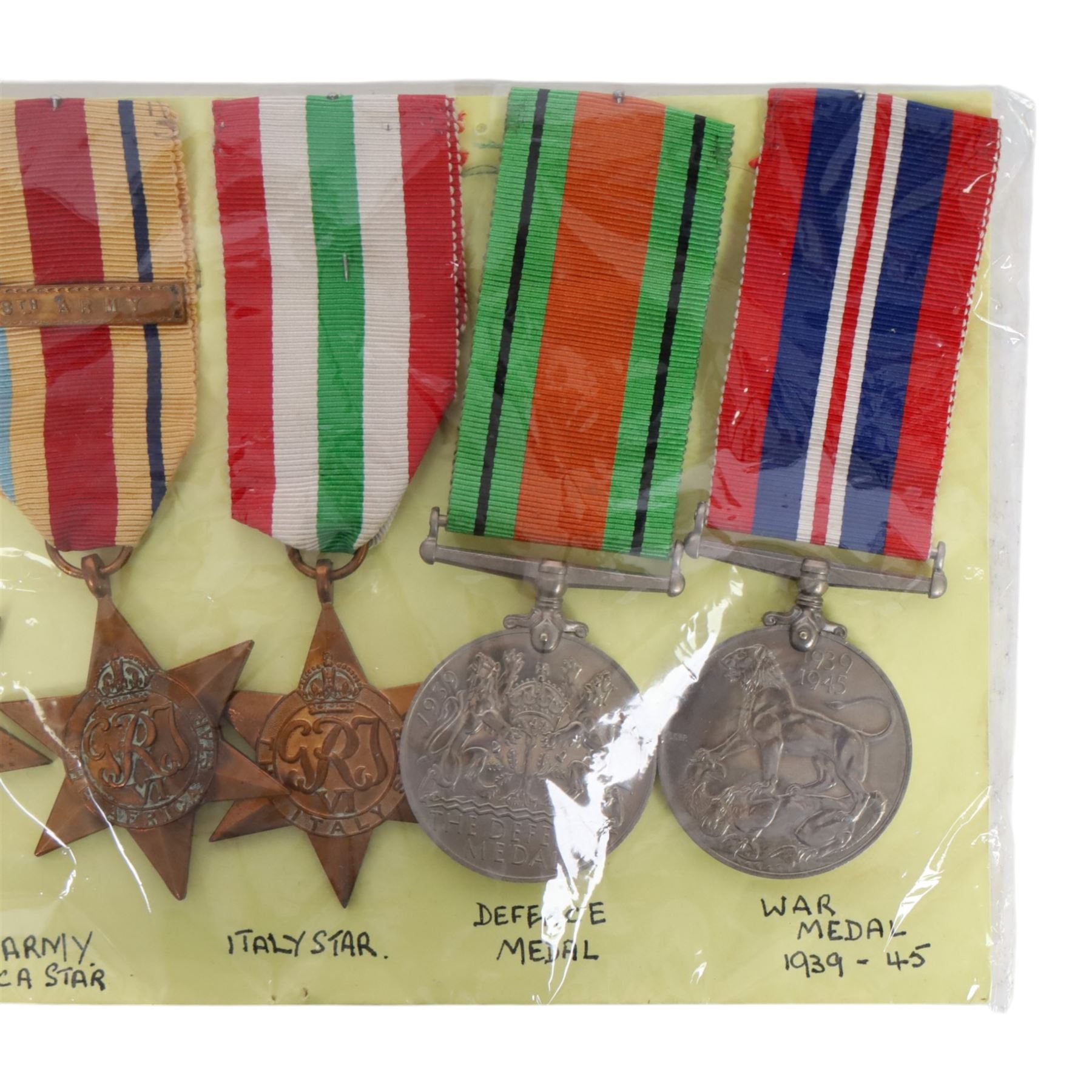 WWII five medal group, comprising 1939-45 Star, 8th Army African Star, Italy Star, Defence Medal and War Medal 