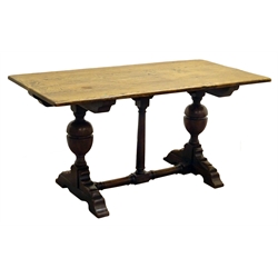  19th century oak rectangular refectory table, planked top on cup and cover supports, joined by turned floor stretcher, W153cm, H76cm, D77cm (MAO1203)  