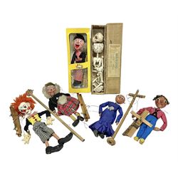  Pelham Puppets - six puppets comprising three string-mouth examples to include SM2 Witch in original box and SM MacBoozle; further examples to include first type Skeleton, SL Bimbo and a unidentified SL type in a blue dress; unboxed (6) 