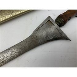 Malayan Kris dagger, the 31.5cm double edged straight heavy damascus blade with copper ferrule; carved hardwood grip; in large wooden throated scabbard with floral decorated white metal covering L47.5cm overall; a kris blade with adapted antler grip; and five various small daggers/letter openers (7)