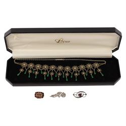 Silver-gilt filigree enamel necklace, silver stone set brooch by Charles Horner, silver ma...