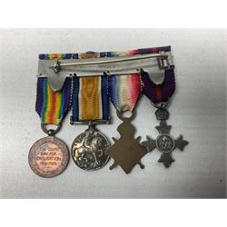 George V Military Cross miniature group of six medals comprising MC, WW1 trio including 1914 Star, Long Service and Good Conduct Medal and General Service Medal with Iraq clasp; and miniature group of four medals comprising Military OBE and WW1 trio including 1914-15 star; all with ribbons and both on pinned wearing bars