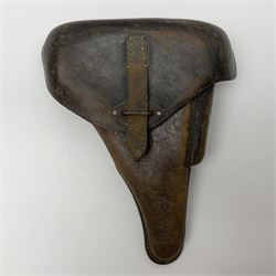 WWII German brown leather holster with side magazine pouch for a Walther P.38 semi-automatic pistol, stamped P38 and OWX 1941 on back L24.5cm