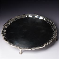 Silver circular salver with gadrooned border on shaped supports D25cm London 1968 Maker Ed...
