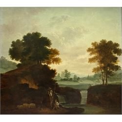 English School (18th/19th century): Classical Landscape with Agricultural Figures and Sheep, oil on canvas unsigned 43cm x 48cm