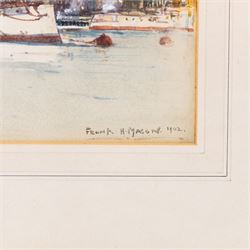 Frank Henry Mason (Staithes Group 1875-1965): Destroyer 'On the Tyne', watercolour signed and dated 1902, titled verso 15cm x 26.5cm 
Notes: later reproduced as a postcard by J J Longhurst, sold together with a framed example.