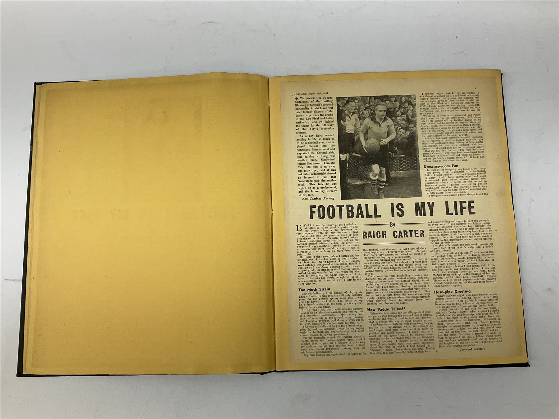 Raich Carter interest - scrap book of a series of articles on his life story for 'Answers' Aug - Oct 1949; scrap book of a proof set of cartoon strips for the Daily Express entitled 'The Raich Carter Story' with accompanying letter dated Dec 1963; photograph of Carter as the only English Schoolboy International to play for two years; photograph of Carter shaking hands with George VI before an England International; two photographs of the '100 years of the FA Cup' match at Wembley; and other paper ephemera. Provenance: By direct descent from the family of Raich Carter having been consigned by his daughter Jane Carter.