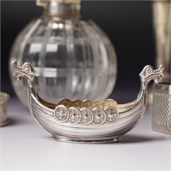 Small silver hip flask engraved with initials H9cm Sheffield 1988 Maker Hugh Crawshaw, silver pepper mill Sheffield 1975, globe scent flask with silver cover, four silver serviette rings, small silver vase and Norwegian silver salt