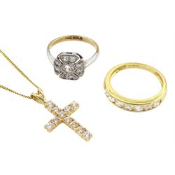 18ct gold seven stone cubic zirconia half eternity ring, 14ct gold cubic zirconia cross pendant, on an 18ct gold necklace and a 9ct gold Art Deco style cubic zirconia cluster ring, all stamped or hallmarked 