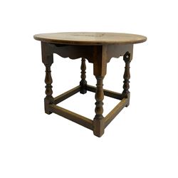 17th century design oak joint table, circular top over shaped frieze rails, turned supports joined by plain stretchers