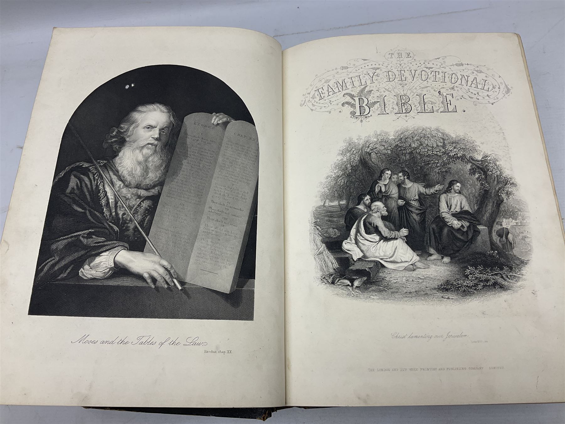 Victorian The Family Devotional Bible, by Rev Matthew Henry, pub. London and New York, The London Printing & Publishing Co, circa 1860, with steel engraving plates and gilt edges, L35cm