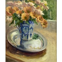 Iris Collett (British 1938-): Still Life of Flowers in a Blue Jug, oil on board signed 47cm x 38cm
Provenance: from the second and final part of the artist's studio sale collection