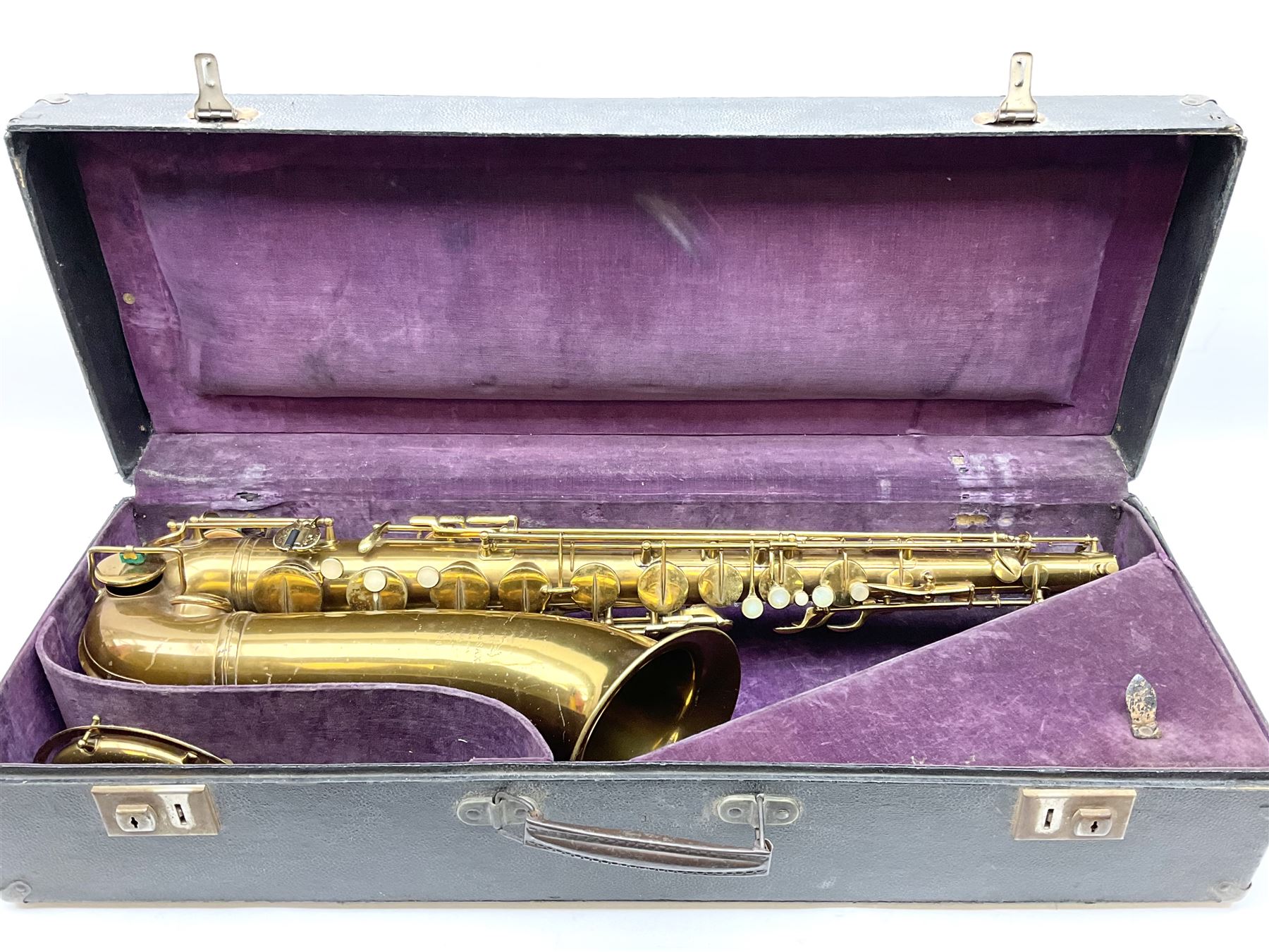Brass tenor saxophone by Adolphe SAX, 84 Rue Myrha, Paris,  No.938 serial number 12097, H75cm excluding crook; in hard carrying case bearing plaque for Henri Selmer
