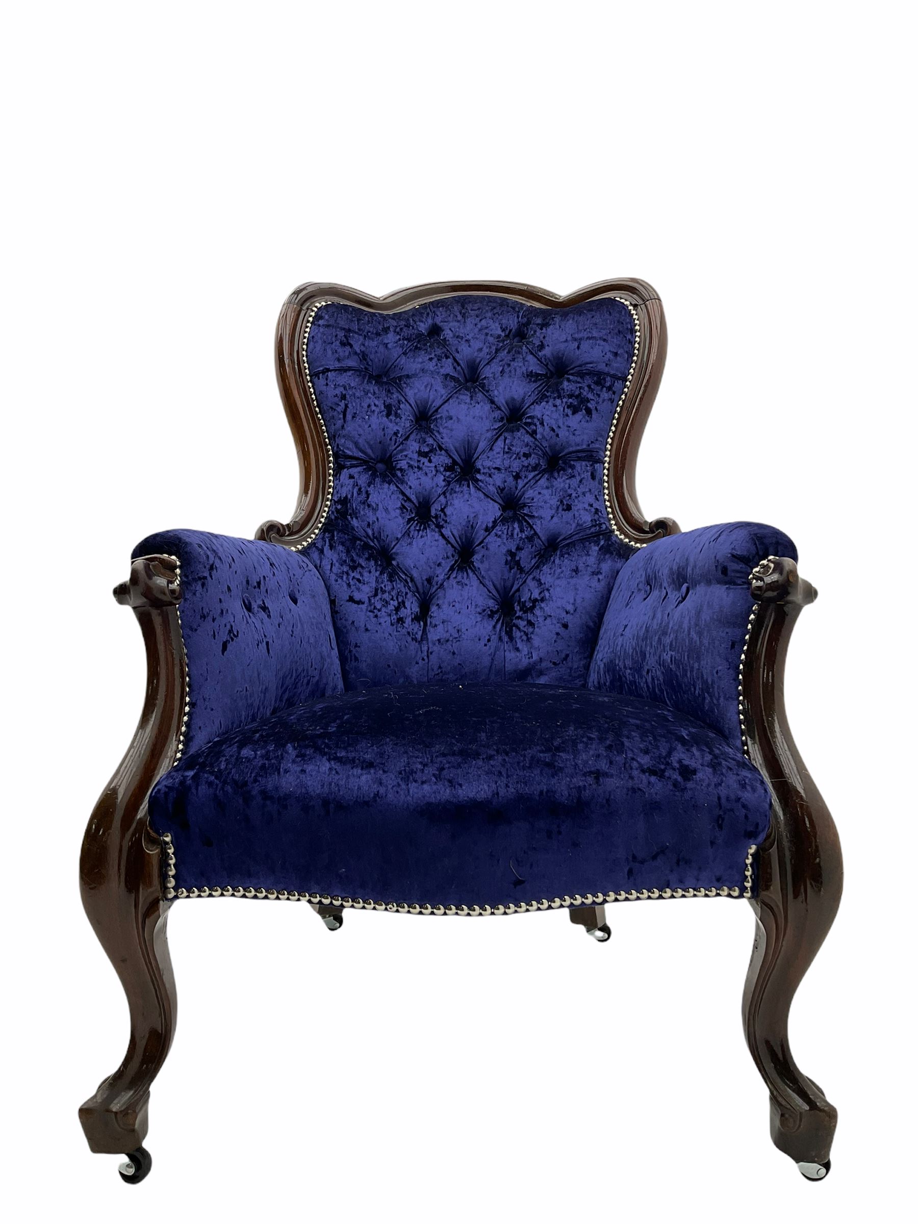 Victorian style mahogany framed armchair, upholstered in blue crushed velvet studded fabric