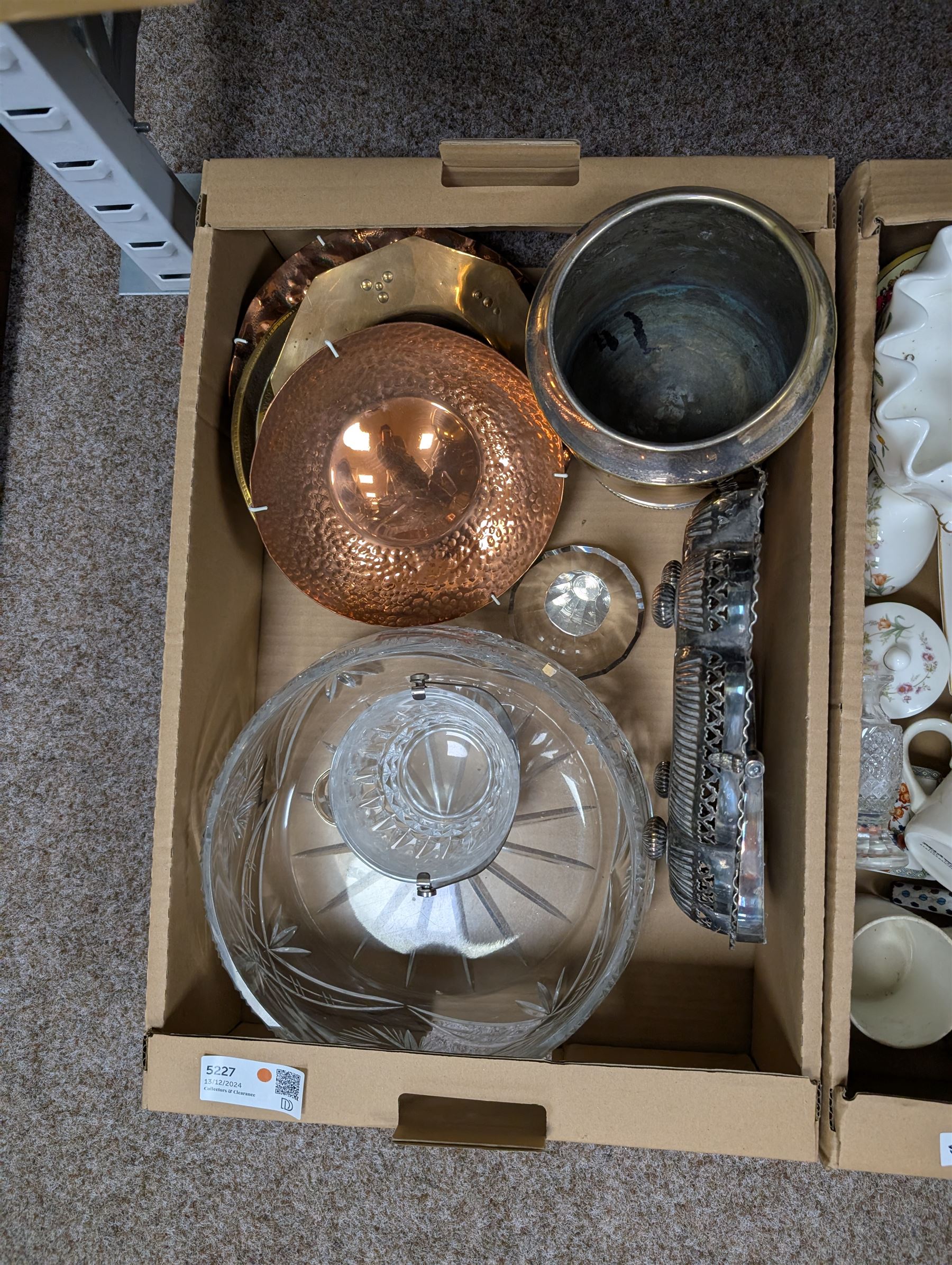 Ringtons Ironstone jug, Minton Haddon Hall planter, cloisonne vase, silver plate ice bucket, large cut glass bowl and a collection of other collectables, in two boxes