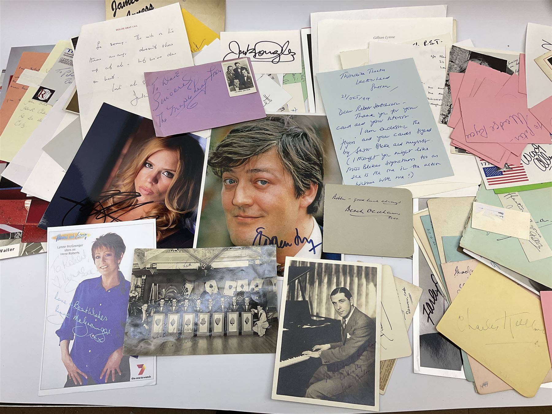 Collection of  autographs, mostly entertainment personalities, including Stephen Fry signed headshot, Billie Piper signed headshot, Red Skelton, Farley Granger, Gerald du Maurier, John Gielgud, Gareth Hunt, Bernard Bresslaw, Mae Clarke, George Formby, George Arliss, Diana Manners, Matheson Lang, Frank Lawton, Evelyn Laye, Ronnie Corbett, Twiggy, Margaret Lockwood, Paul Newman, Leslie Howard, Tony Curtis, Jason Isaacs, Danny Glover, Dick Van Dyke, Robert Donat, Ruth Madoc, Simon Cadell, Spike Milligan etc, approximately 270 in total 
