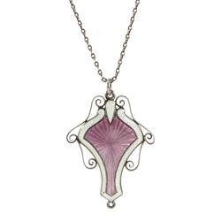 Art Nouveau silver pink and white guilloche enamel pendant necklace by J Aitkin & Son, Birmingham 1910, in original silk and velvet lined tooled leather fitted case