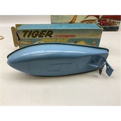 Five model boats - Sutcliffe clockwork Tiger Speedboat; boxed; Motor Sailor battery operated yacht; boxed; Waterline battery operated police launch; boxed; and Tri-ang Scalex 'Aberdeen' North Sea Drifter; boxed, with another similar unboxed (5)