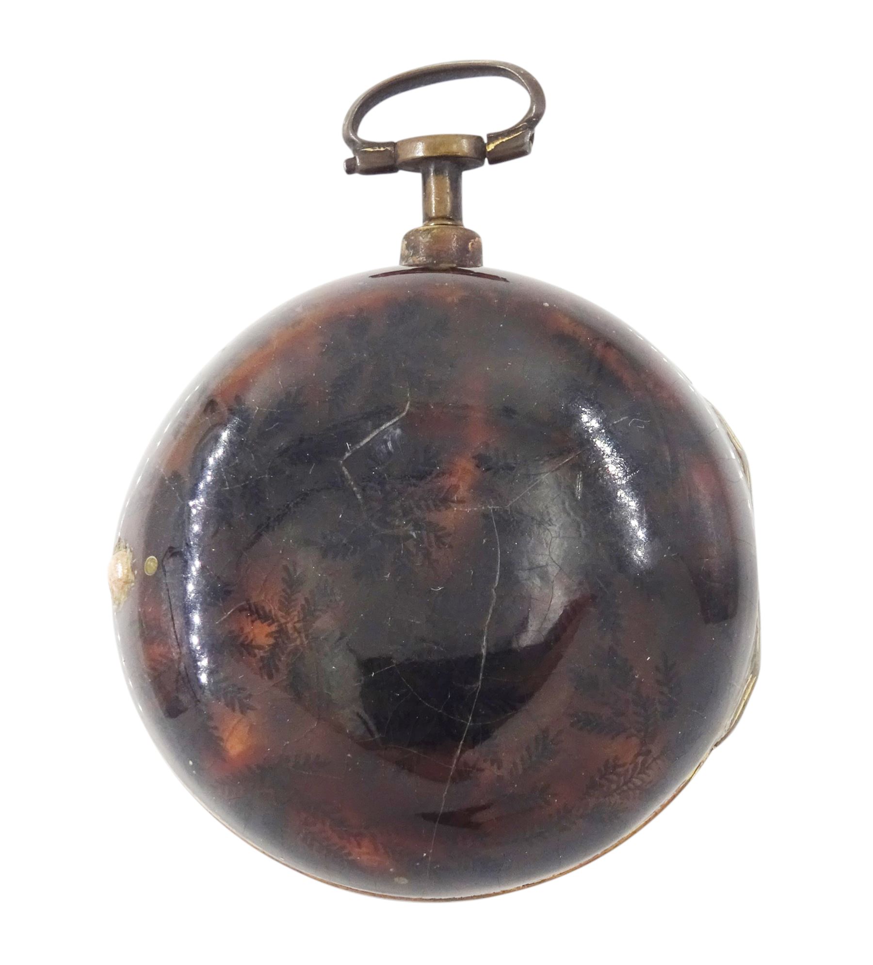 George III gilt and tortoise shell pair cased verge fusee pocket watch by Samuel Corbett, Hadleigh, No. 583, pierced and engraved balance cock, white enamel dial with Roman hours and outer Arabic minute ring, the tortoiseshell outer case painted with fern decoration