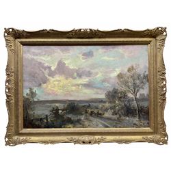 John Falconar Slater (British 1857-1937): Driving Sheep in Winter Sunset, oil on canvas signed 60cm x 90cm
