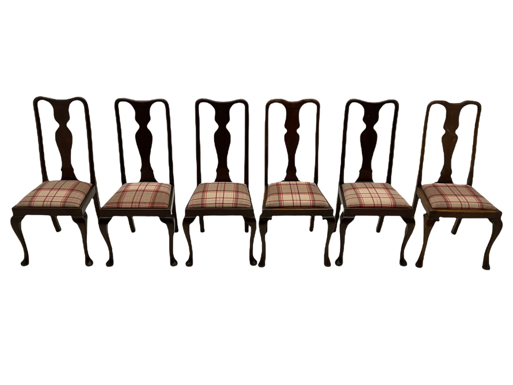 Mixed set of twelve early 20th century mahogany Queen Anne style dining chairs, all with shaped vase backs and cabriole front supports, matching drop-in seats upholstered in tartan patterned fabric